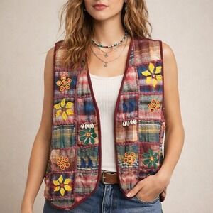 Angelique Vest Women's Large Open Front Shells Floral Plaid Patchwork Multicolor